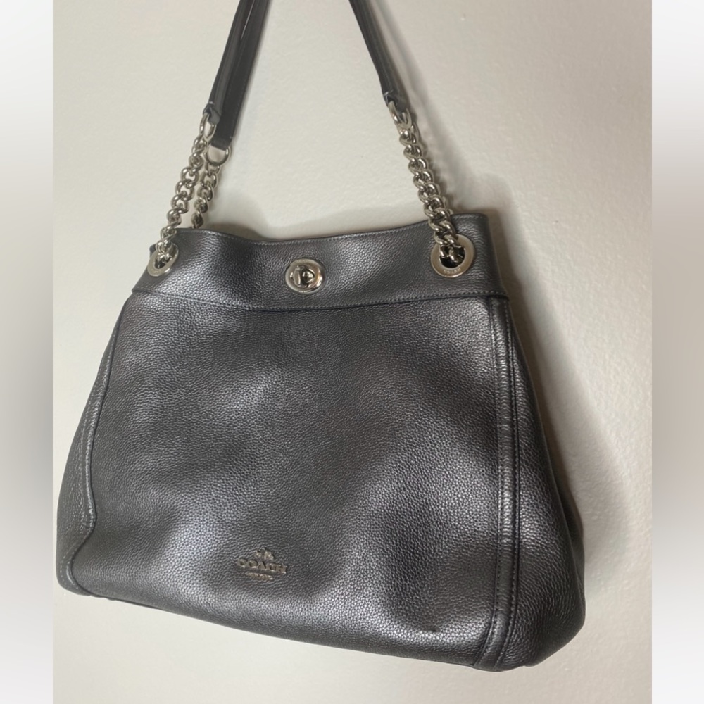 - COACH Turnlock Edie  silver leather shoulder bag